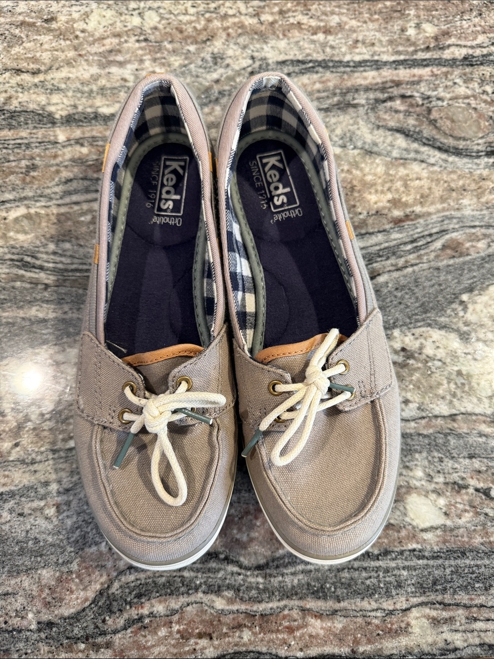 Keds Women's Taupe Canvas Boat Shoes with Plaid Lining